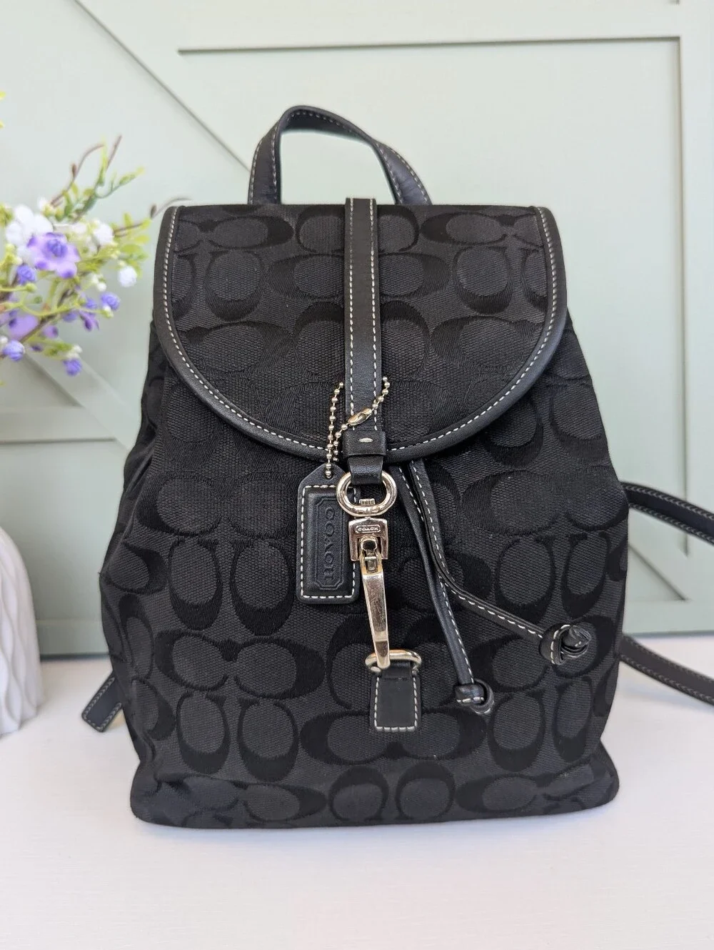 Coach Black Signature Canvas Mini Backpack with Leather Trim